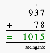 Calculate 937 + 78 using long addition