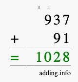 Calculate 937 + 91 using long addition