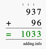 Calculate 937 + 96 using long addition