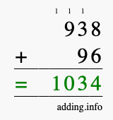 Calculate 938 + 96 using long addition