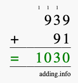 Calculate 939 + 91 using long addition