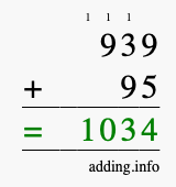 Calculate 939 + 95 using long addition