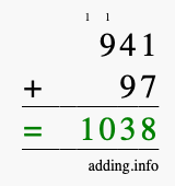 Calculate 941 + 97 using long addition