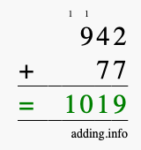 Calculate 942 + 77 using long addition