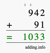 Calculate 942 + 91 using long addition
