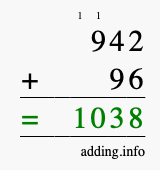 Calculate 942 + 96 using long addition