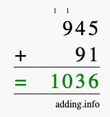 Calculate 945 + 91 using long addition