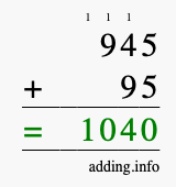Calculate 945 + 95 using long addition
