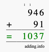 Calculate 946 + 91 using long addition