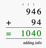 Calculate 946 + 94 using long addition