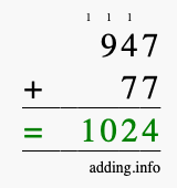 Calculate 947 + 77 using long addition