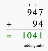 Calculate 947 + 94 using long addition