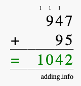 Calculate 947 + 95 using long addition