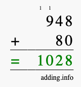 Calculate 948 + 80 using long addition