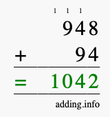 Calculate 948 + 94 using long addition