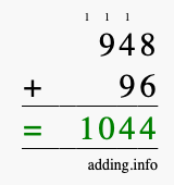 Calculate 948 + 96 using long addition