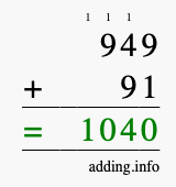 Calculate 949 + 91 using long addition