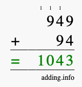 Calculate 949 + 94 using long addition