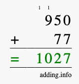 Calculate 950 + 77 using long addition