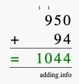 Calculate 950 + 94 using long addition