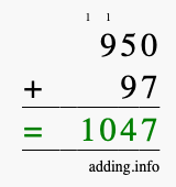 Calculate 950 + 97 using long addition
