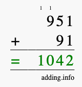 Calculate 951 + 91 using long addition