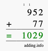 Calculate 952 + 77 using long addition