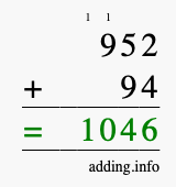 Calculate 952 + 94 using long addition