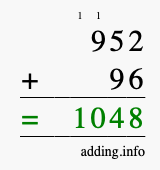 Calculate 952 + 96 using long addition