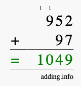 Calculate 952 + 97 using long addition