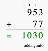 Calculate 953 + 77 using long addition