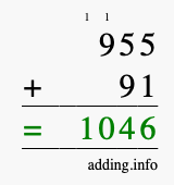 Calculate 955 + 91 using long addition