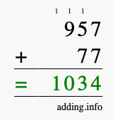 Calculate 957 + 77 using long addition