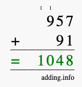 Calculate 957 + 91 using long addition