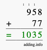 Calculate 958 + 77 using long addition