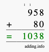 Calculate 958 + 80 using long addition