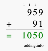 Calculate 959 + 91 using long addition