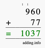 Calculate 960 + 77 using long addition