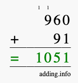 Calculate 960 + 91 using long addition