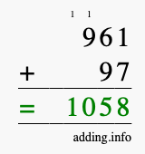 Calculate 961 + 97 using long addition