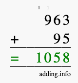 Calculate 963 + 95 using long addition