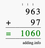 Calculate 963 + 97 using long addition