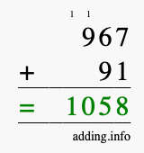 Calculate 967 + 91 using long addition