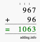 Calculate 967 + 96 using long addition
