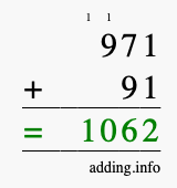 Calculate 971 + 91 using long addition