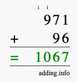 Calculate 971 + 96 using long addition