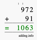 Calculate 972 + 91 using long addition