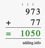Calculate 973 + 77 using long addition
