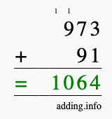 Calculate 973 + 91 using long addition