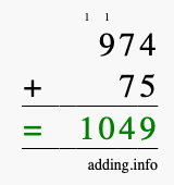 Calculate 974 + 75 using long addition